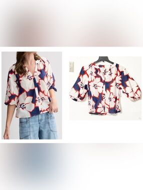 NEW Sonoma Goods For Life Shirred Balloon Sleeve Y-Neck Top Floral Print